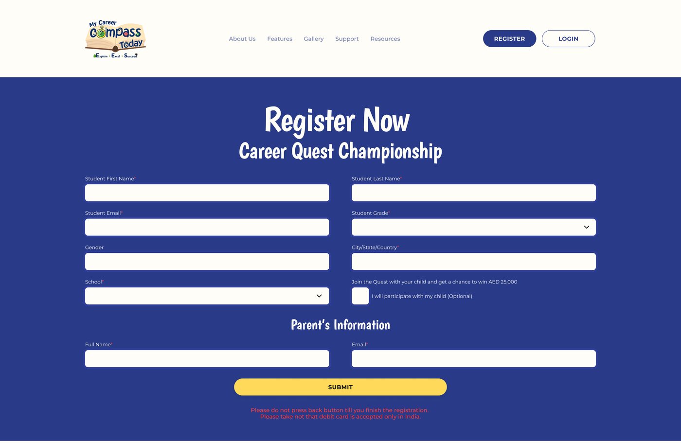 Registration form with student details and parent information