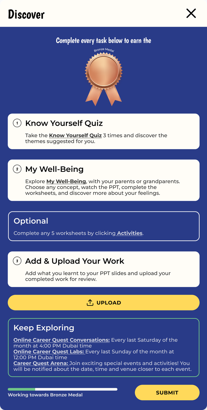 Discover stage popup listing tasks, an upload button and progress toward a bronze medal