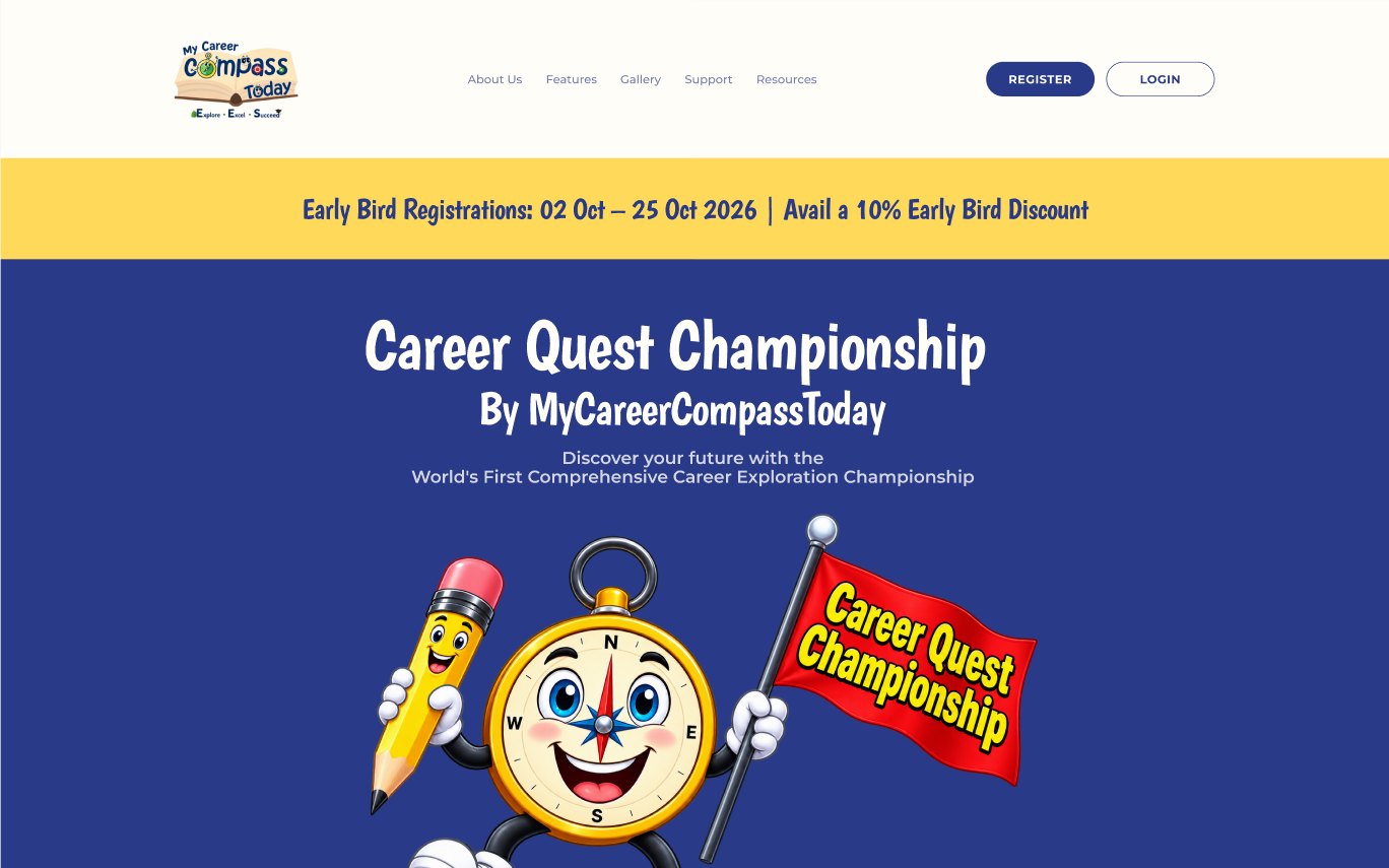 Career Quest Championship landing page with registration dates and mascot hero
