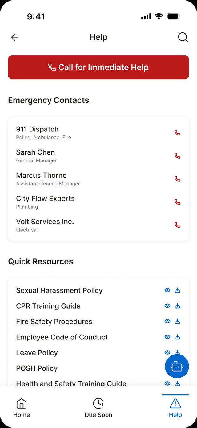 Help screen with an immediate call button, emergency contacts and policies