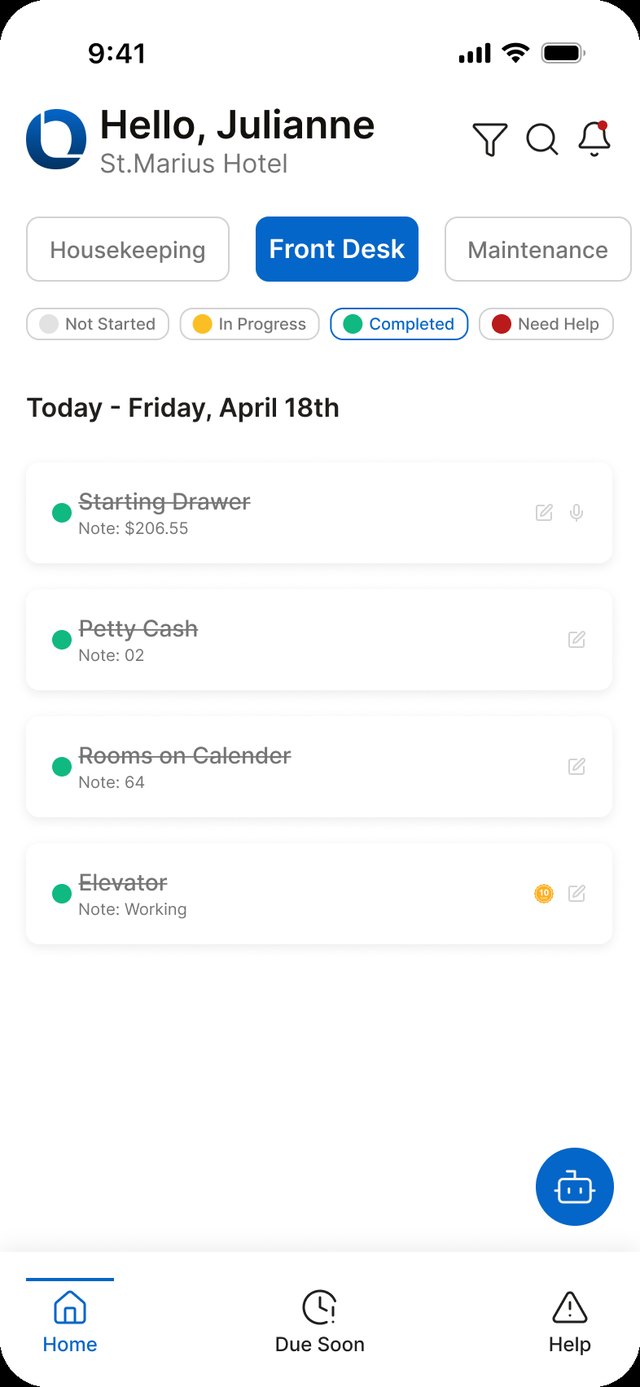 Employee front desk task list with status filters