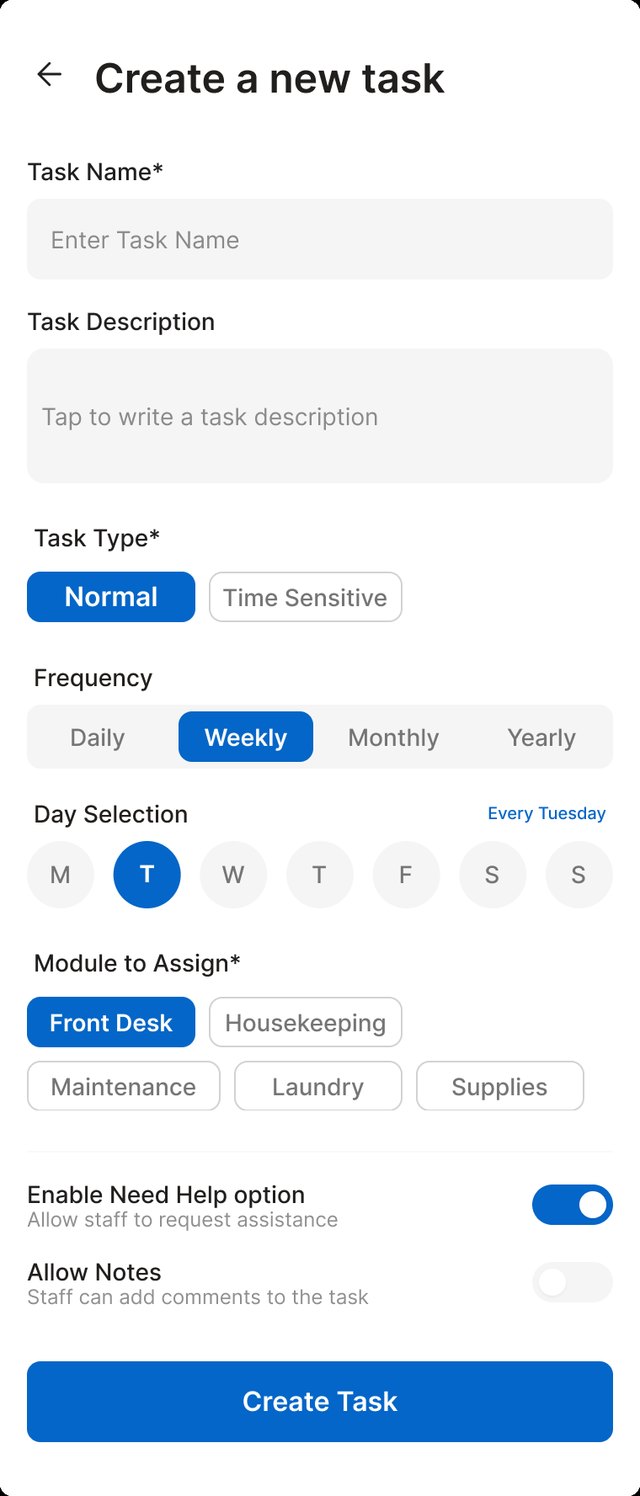 Create a new task form with type, frequency, day and module