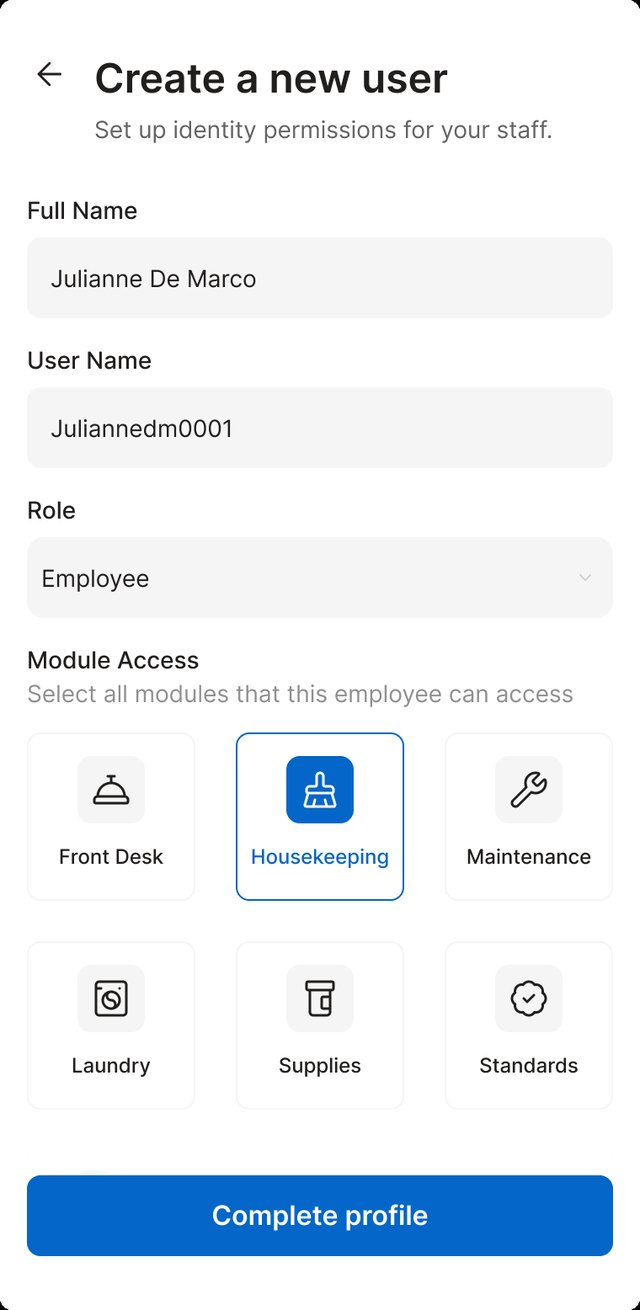 Create a new user form with role and module access