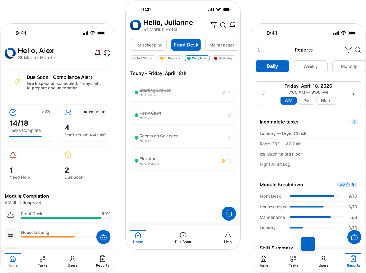 Three app screens: owner dashboard with task progress, front desk task list, and daily shift report