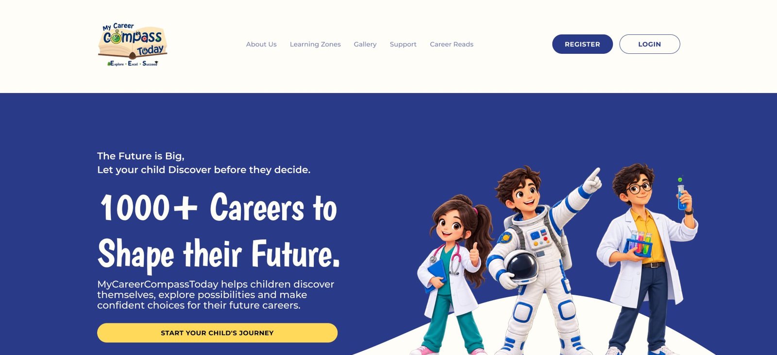 The redesigned homepage: calm navy hero with a clear call to action