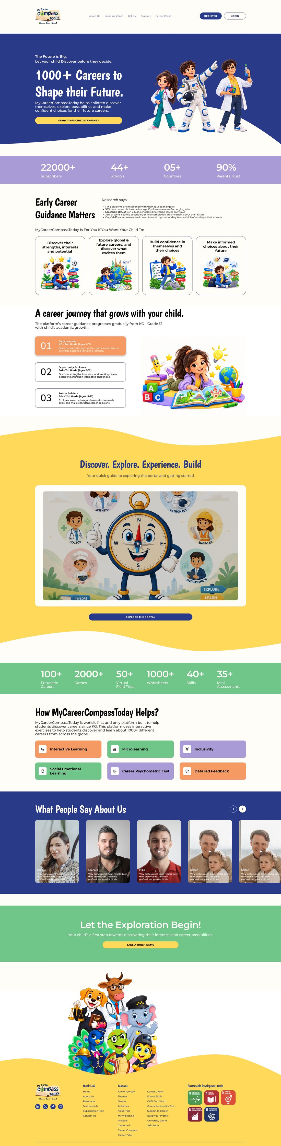 Full redesigned homepage: hero, stats, why early guidance matters, the career journey by age, features and testimonials