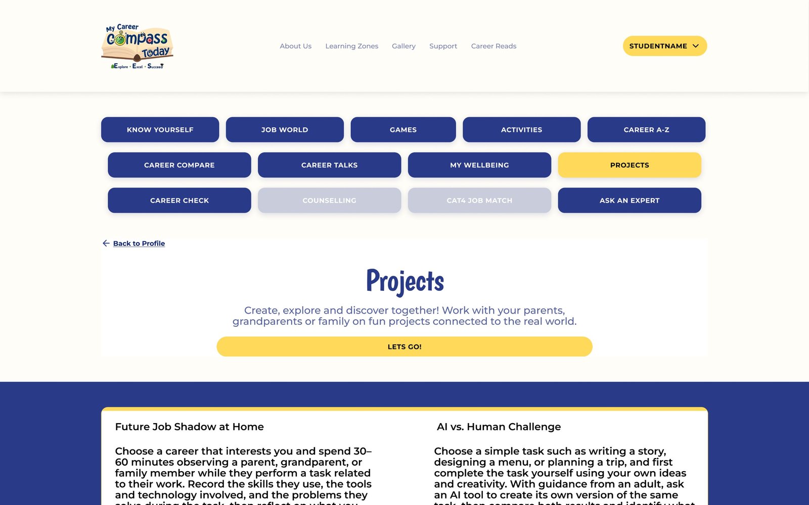 Projects page with zone tabs and a list of family projects