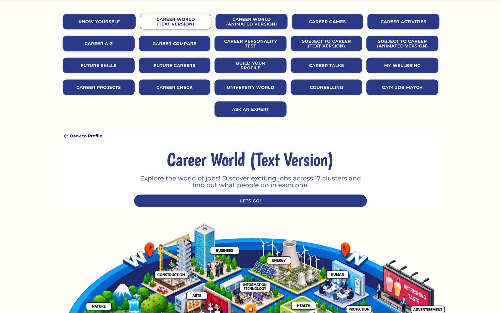 Career World page with zone tabs and a map of 17 job clusters