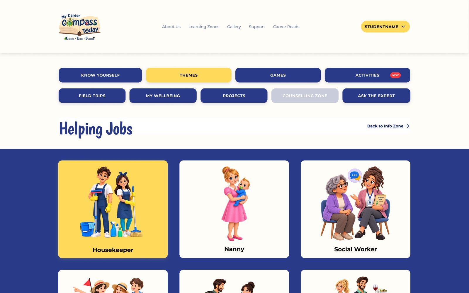 KG Helping Jobs page with large illustrated job cards