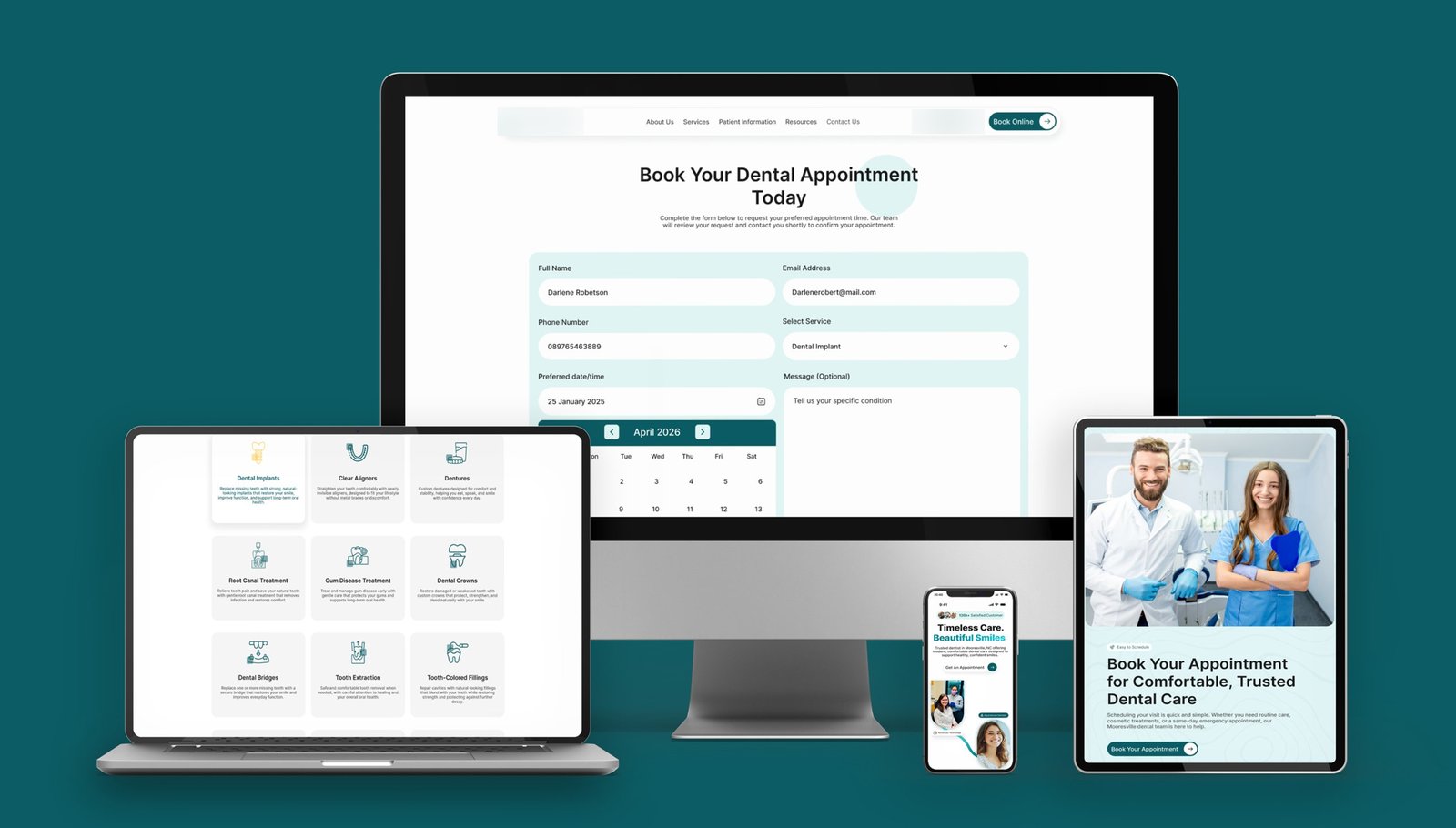 Dental clinic booking form, services and mobile pages across devices